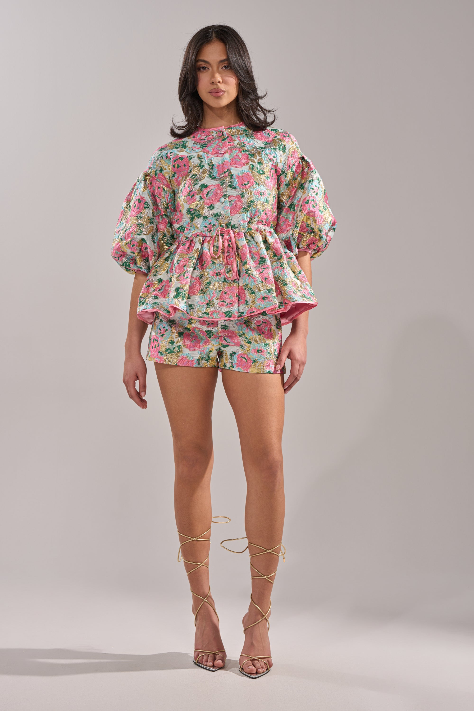 TEA TIME FLORAL BROCADE SHORT SLEEVE BLOUSE