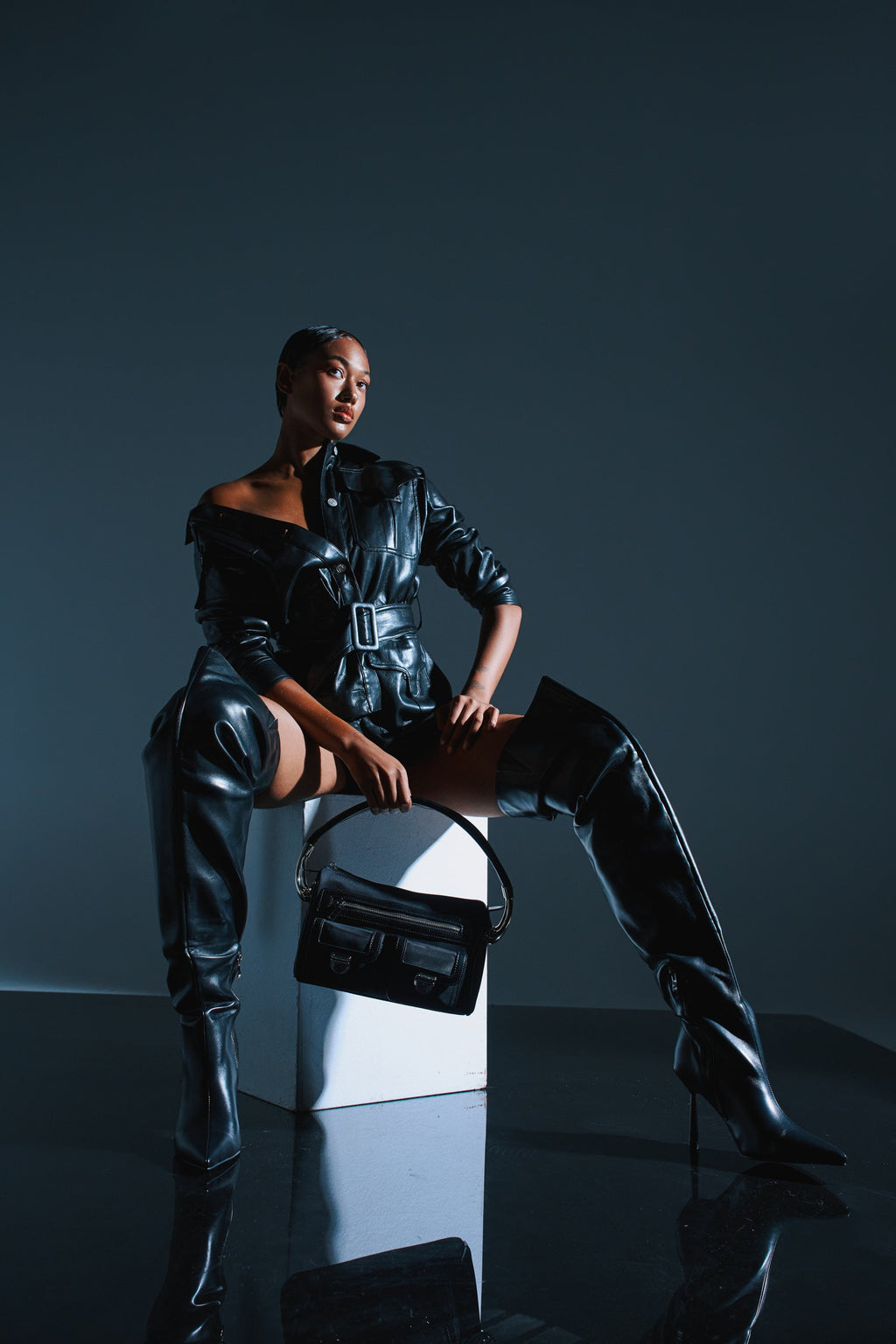 TALK TO ME BABY FAUX LEATHER BUTTON DOWN