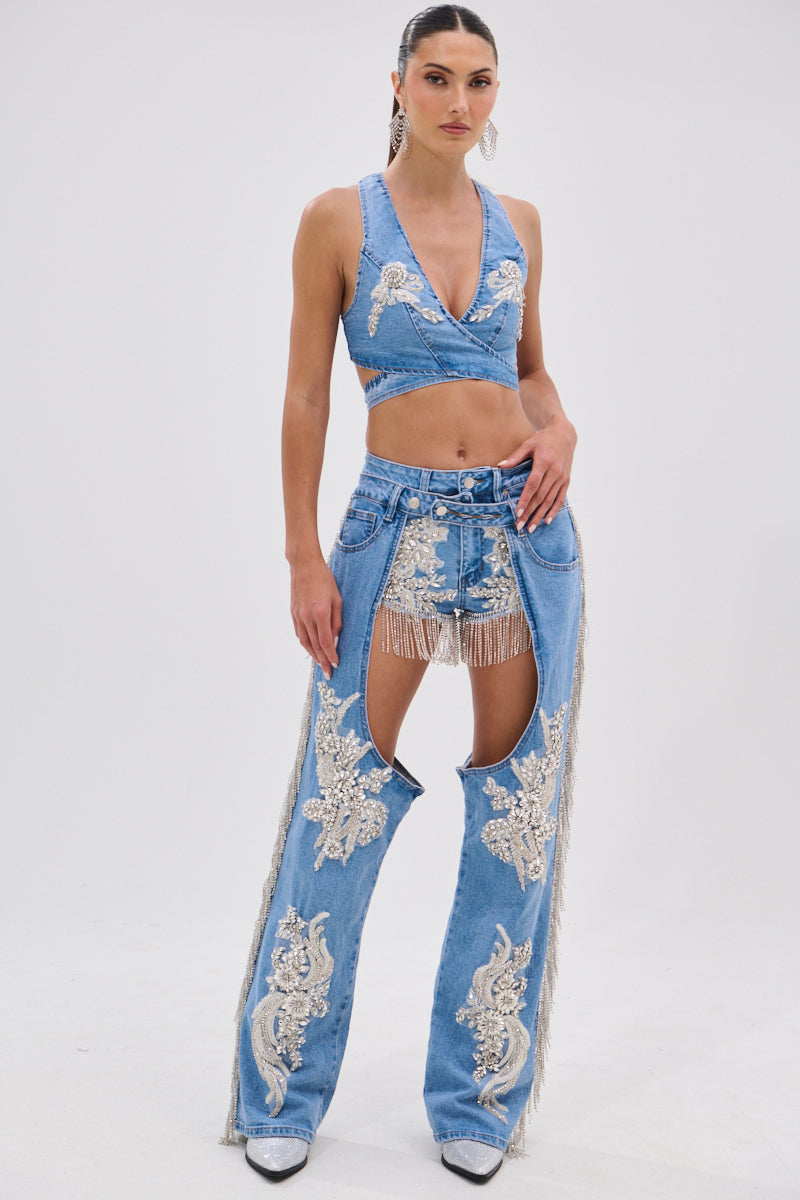 DIVALICIOUS DENIM CHAPS IN LIGHT BLUE