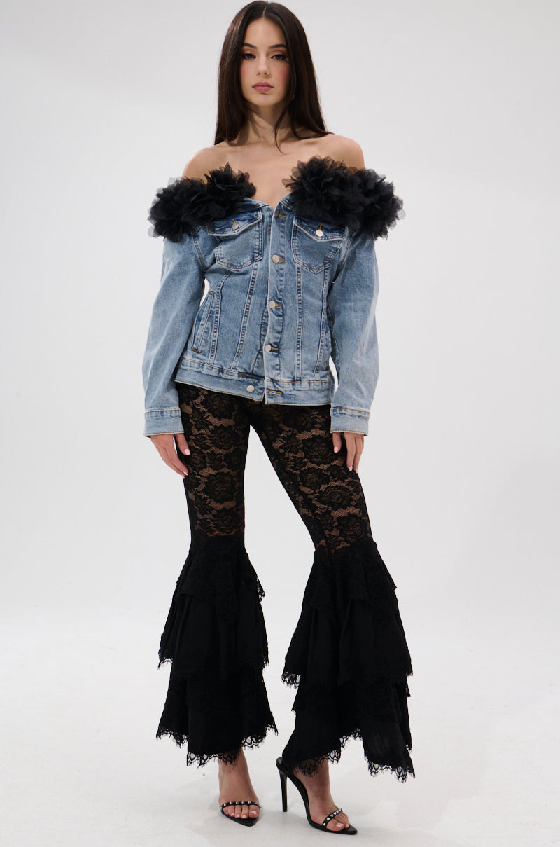 DANA OFF THE SHOULDER RUFFLE DETAIL DENIM TOP