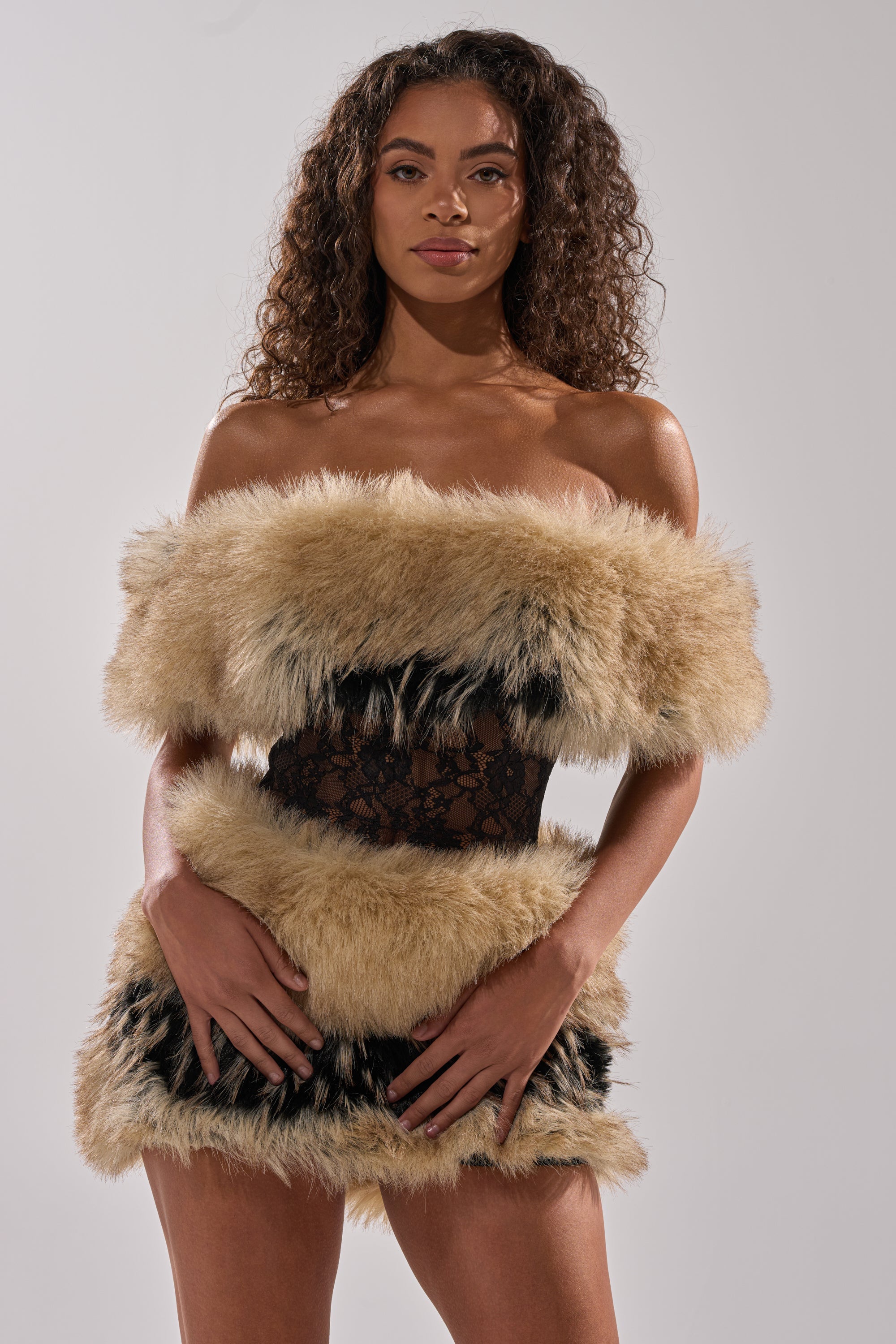 COOL GIRLS ONLY LACE FUR MINI DRESS