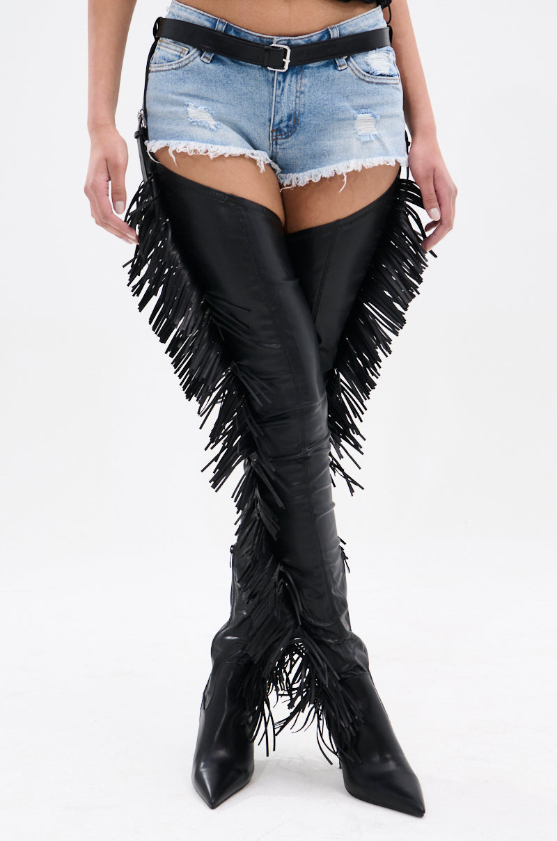 AZALEA WANG KATRICE BLACK STILETTO WESTERN FRINGE CHAP BOOT