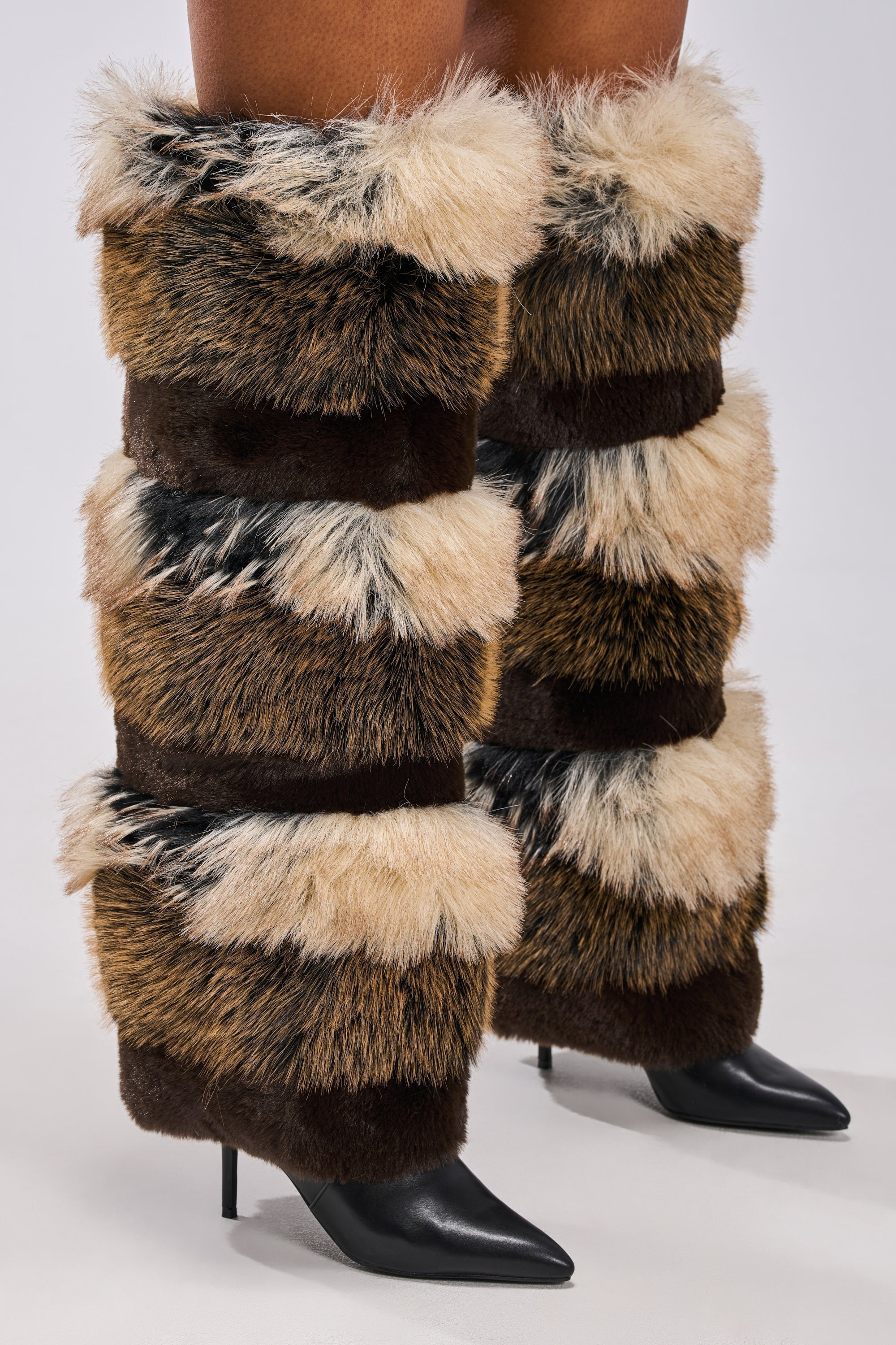 AZALEA WANG LANGLAU BROWN MULTI STILETTO FUR BOOT