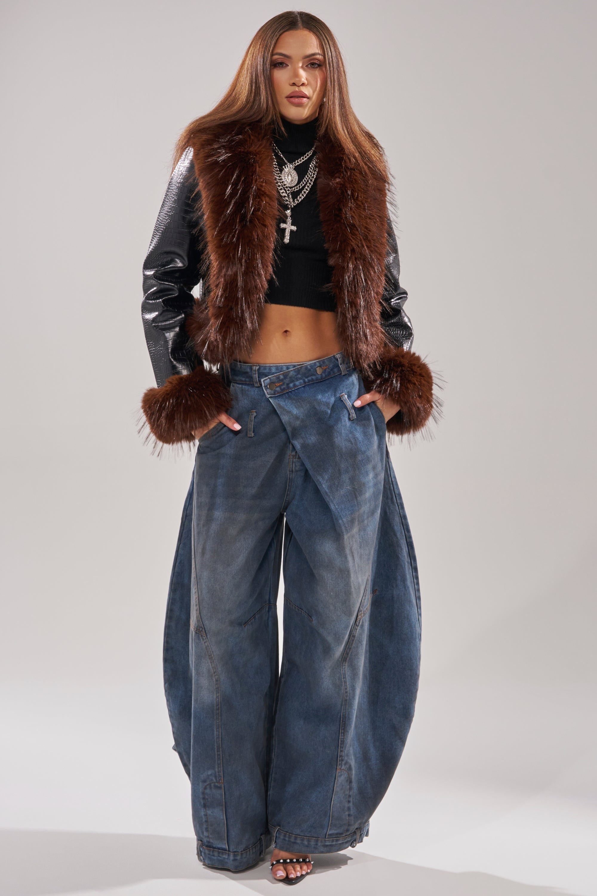 LUNNA FUR TRIM MOTO IN BLACK CROC
