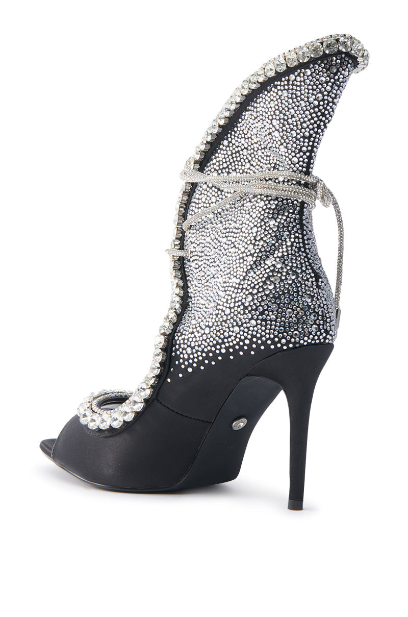 AZALEA WANG MICAELA BLACK SILVER RHINESTONE OPEN TOE LACE UP STILETTO BOOTIE