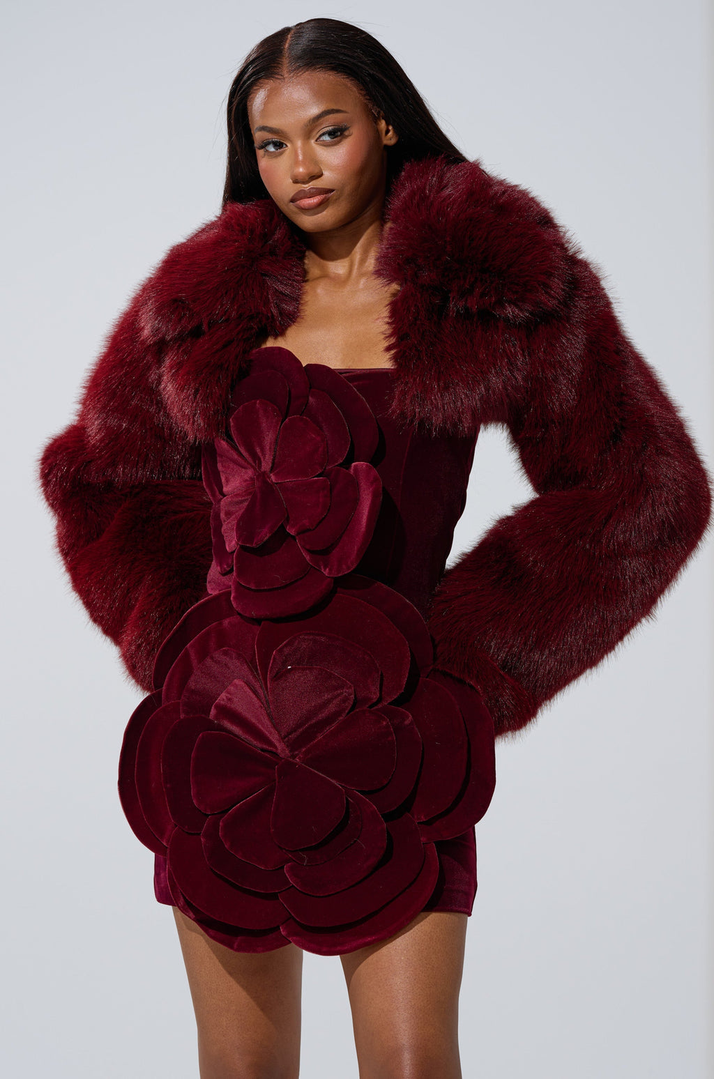LEILA ULTRA CROP FAUX FUR IN BURGUNDY