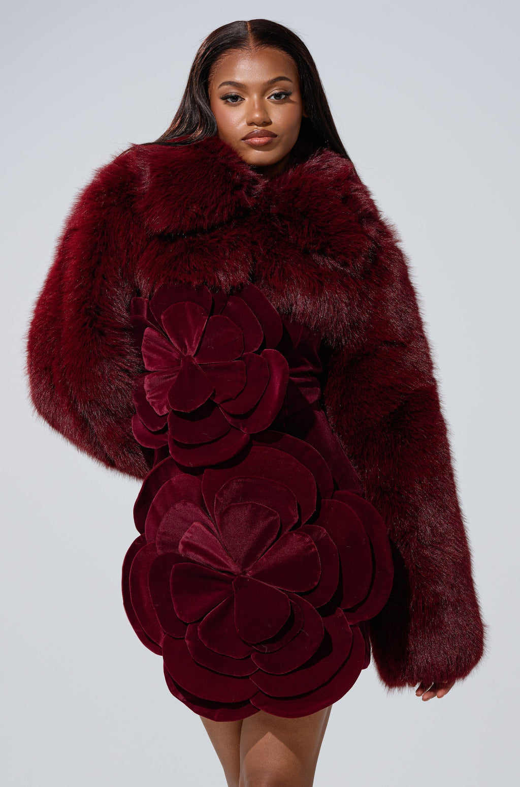 LEILA ULTRA CROP FAUX FUR IN BURGUNDY