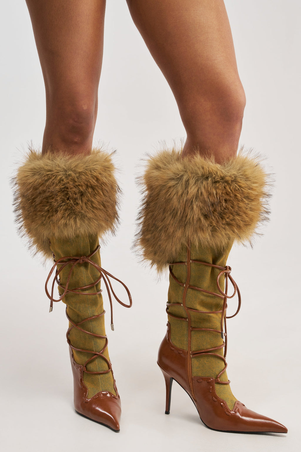 AZALEA WANG OHARAR DENIM MULTI FUR DETAIL STILETTO BOOT