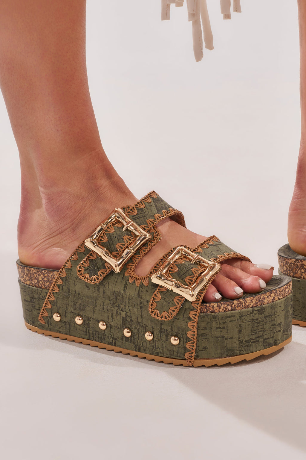 AZALEA WANG OHKAY GREEN FLATFORM STUD EMBELLISHED SLIP ON SANDAL