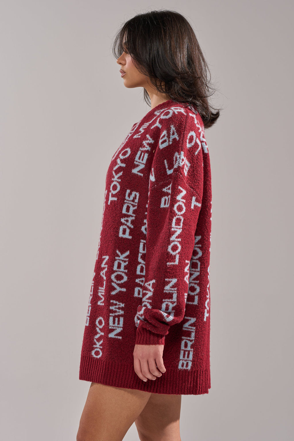 AROUND THE WORLD SWEATER MINI DRESS IN RED