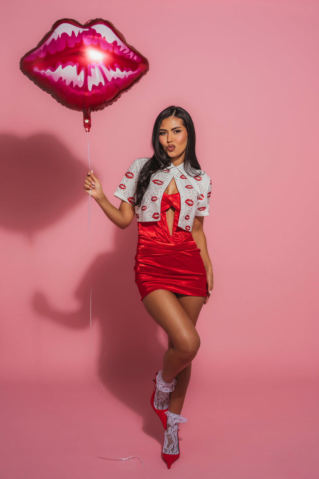 KISS KISS RHINESTONE CROPPED BUTTON DOWN