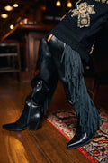 AZALEA WANG SZYMON BLACK WESTERN BOOT WITH FRINGE DETAILING