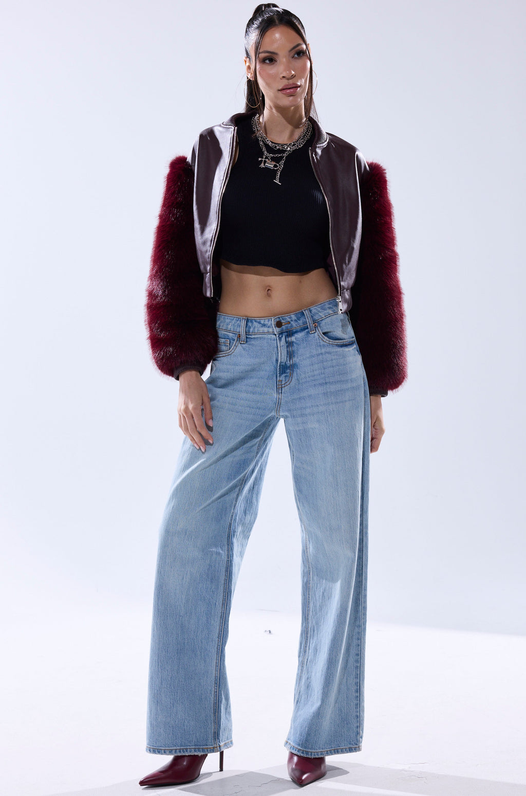 SO GOOD IT HURTS FUR SLEEVE BOMBER IN BURGUNDY