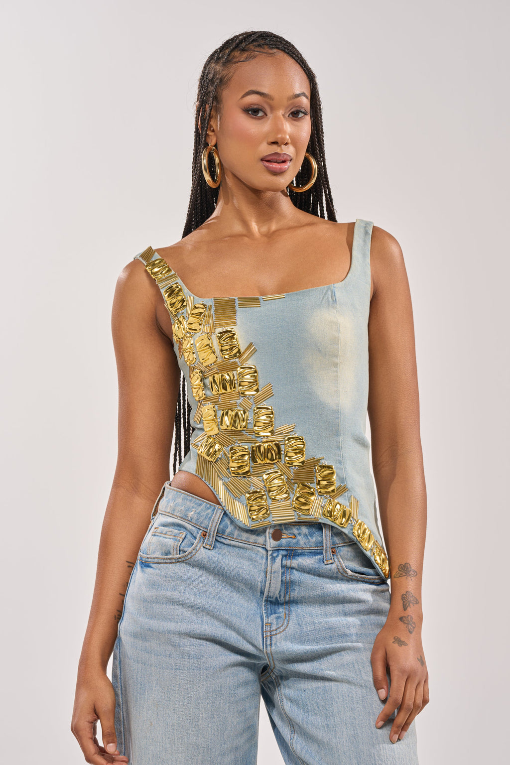 HAND BEADED LUX DENIM CORSET IN LIGHT BLUE DENIM
