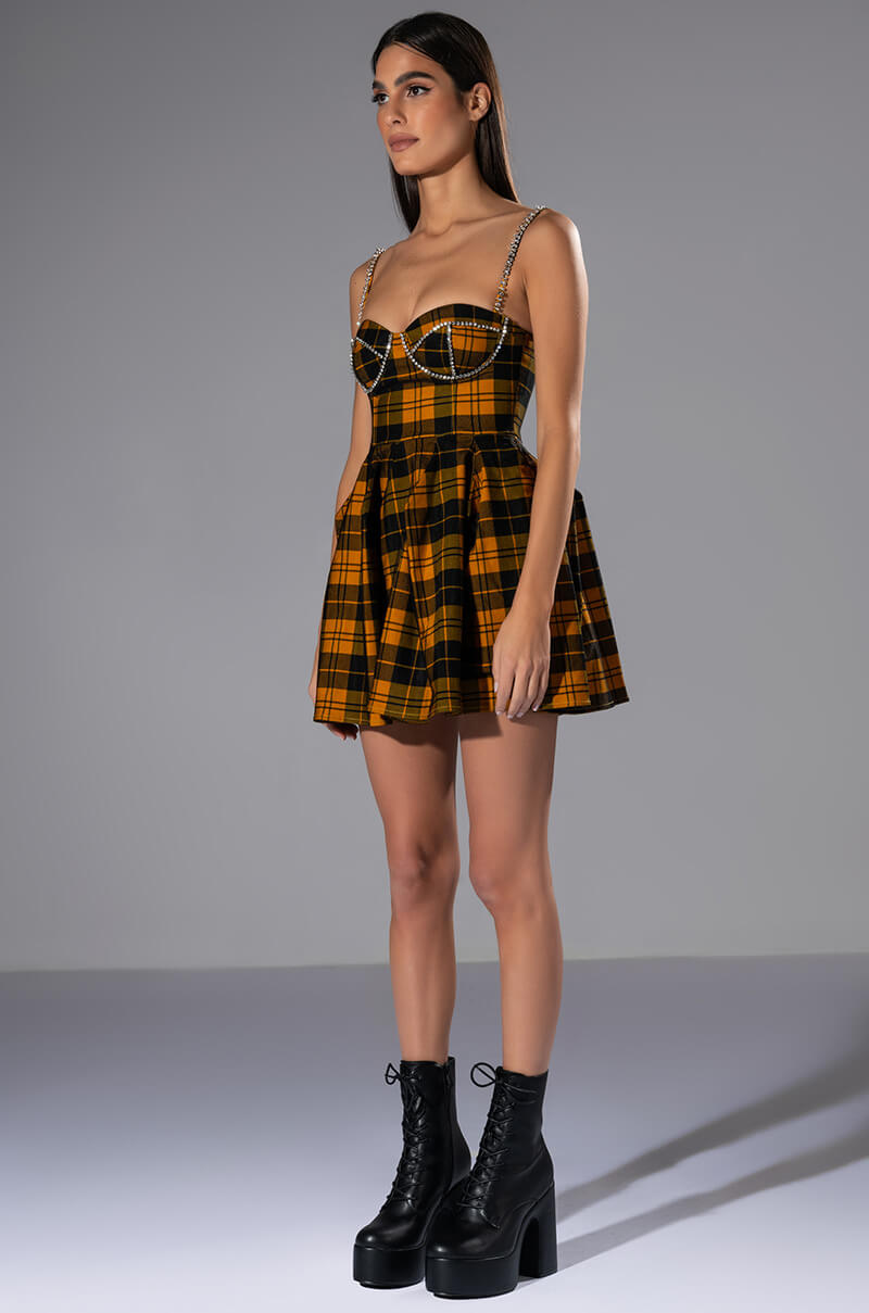IGGY RHINESTONE DETAIL CORSET PLAID MINI DRESS