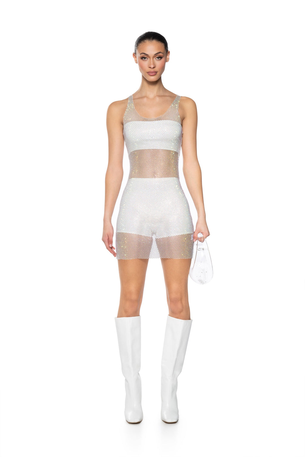 AYLA RHINESTONE MESH MIDI DRESS IN WHITE
