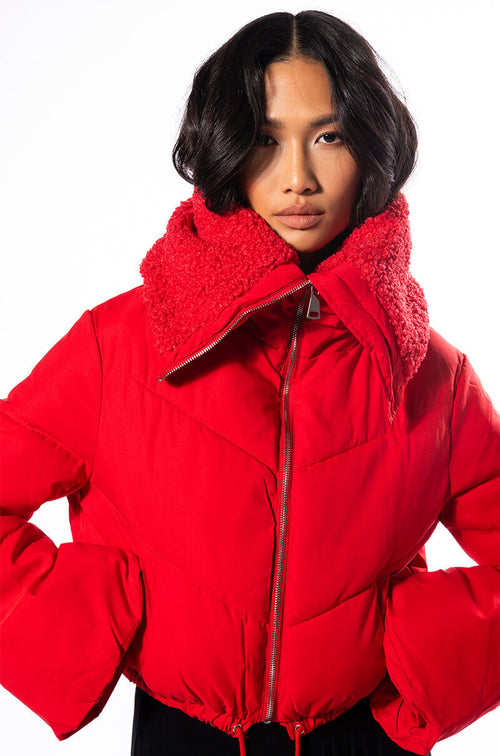 AMANDA CROP PUFFER WITH SHERPA COLLAR