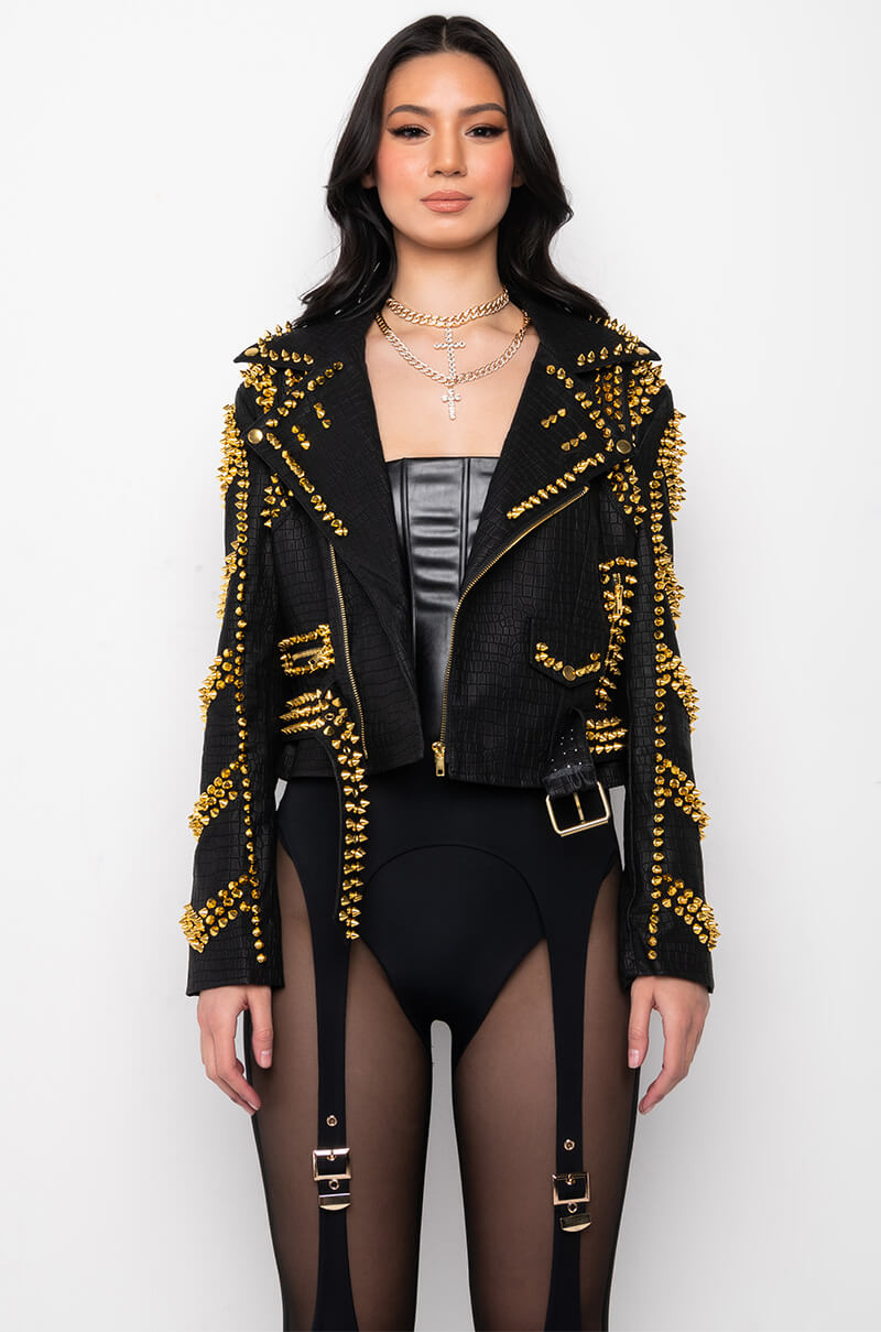 SOFI GOLD STUD CROC MOTO JACKET
