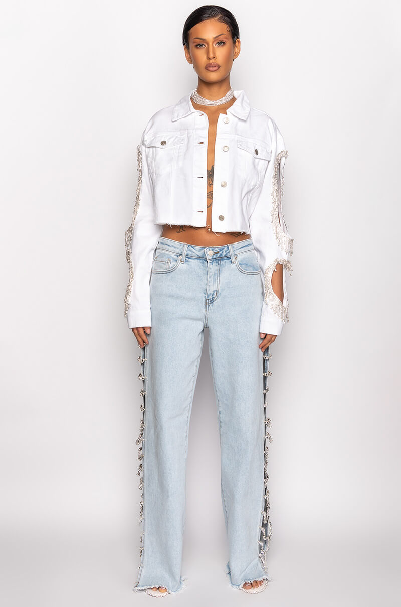 AZALEA WANG CUT OUT ARM RHINESTONE DENIM JACKET
