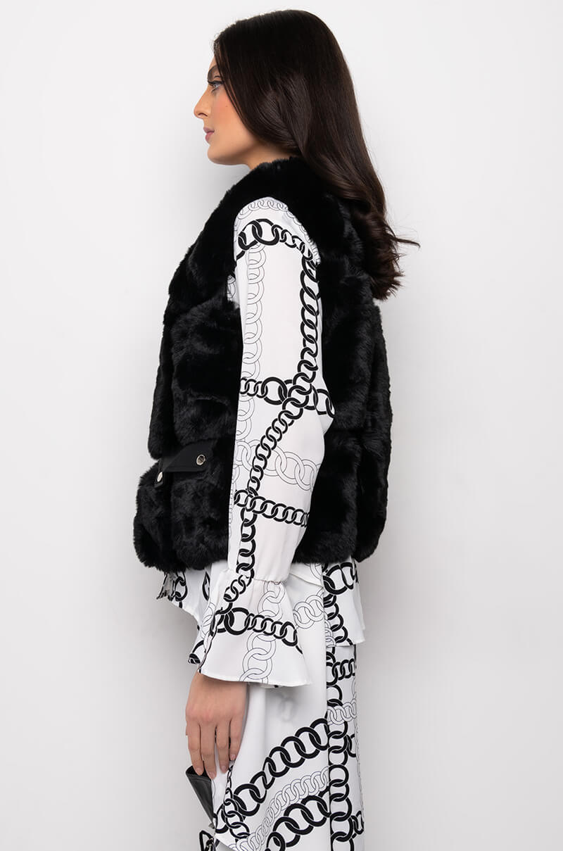 FAUX FUR VEST WITH MOTO TRIM