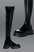 AZALEA WANG MILLY THIGH HIGH FLATFORM BOOT IN BLACK STRETCH
