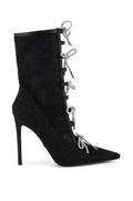 AZALEA WANG NAZANIN BLACK LACE BOOTIE WITH RHINESTONE BOWS