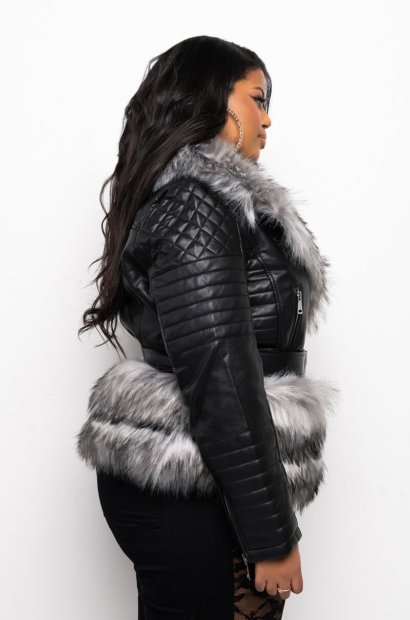PLUS AZALEA WANG WAIST LINED FUR MOTO JACKET