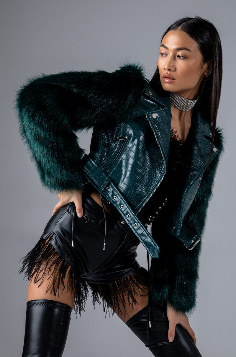 AZALEA WANG NOLLA FAUX FUR ARMS CROC MOTO JACKET