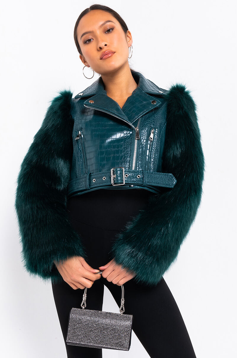 AZALEA WANG NOLLA FAUX FUR ARMS CROC MOTO JACKET