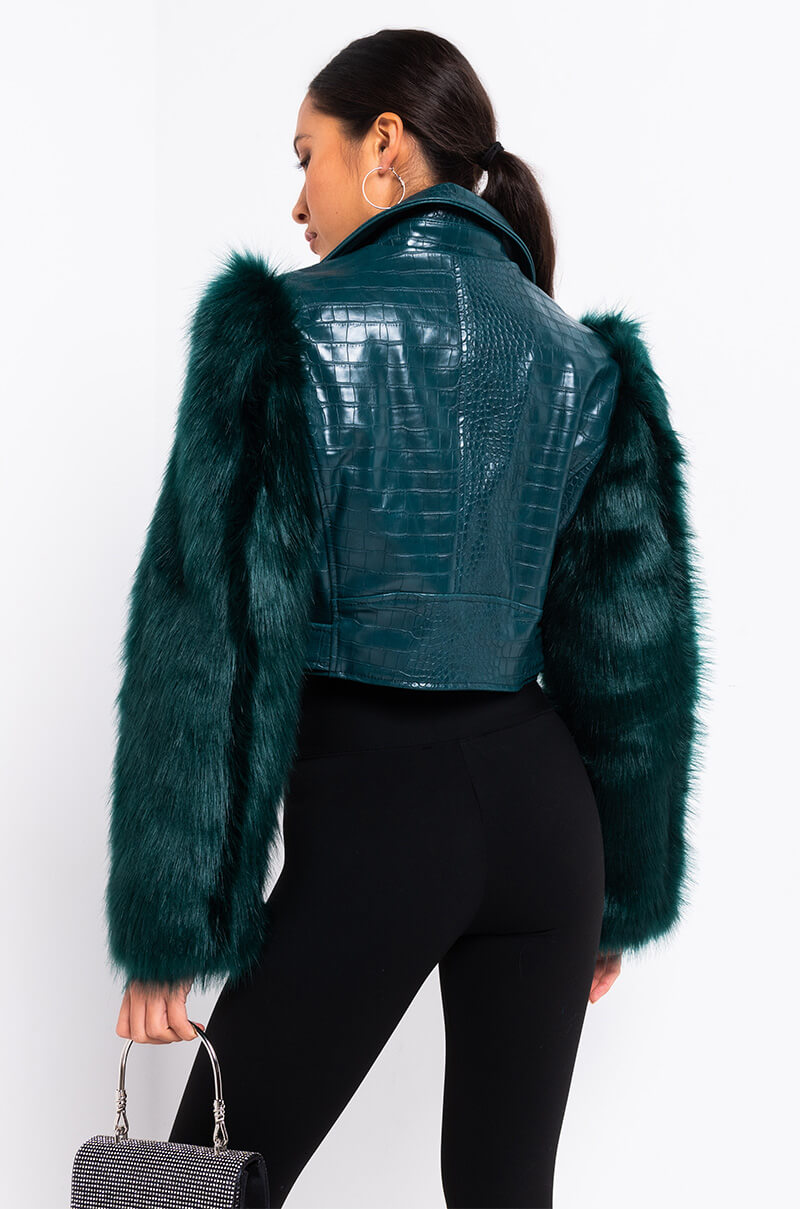 AZALEA WANG NOLLA FAUX FUR ARMS CROC MOTO JACKET