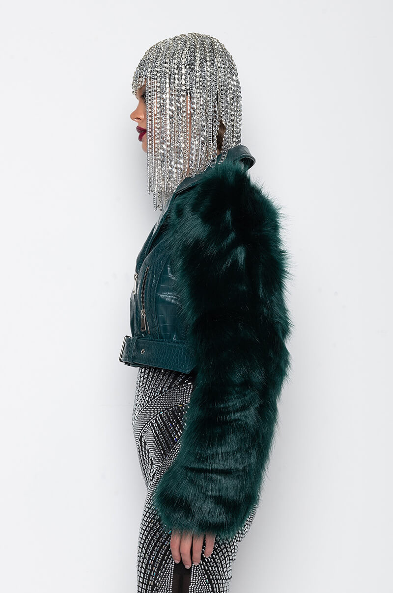 AZALEA WANG NOLLA FAUX FUR ARMS CROC MOTO JACKET