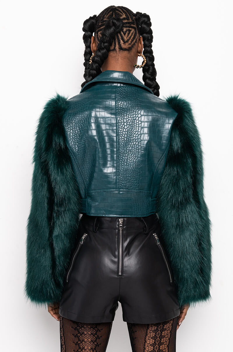 AZALEA WANG NOLLA FAUX FUR ARMS CROC MOTO JACKET