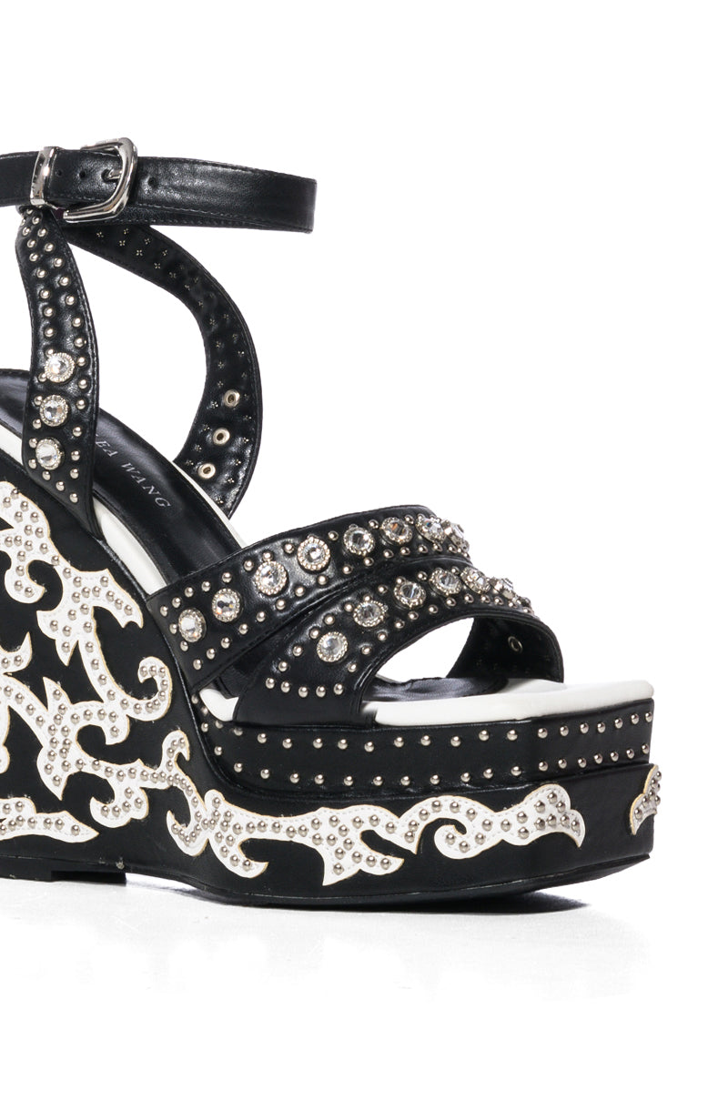 AZALEA WANG NUTMEG EMBELLISHED WEDGE HEEL SANDAL IN BLACK