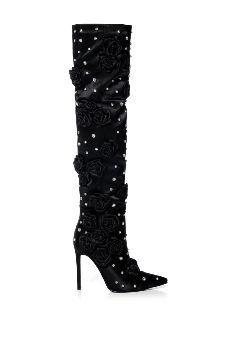 AZALEA WANG PATTI SATIN ROSE EMBELLISHED BOOT IN BLACK