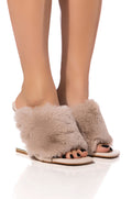 AZALEA WANG REMI FUR WEDGE SANDAL IN TAUPE