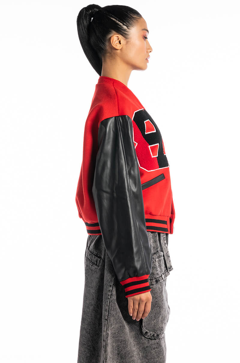 RIDER OF THE NIGHT OFF SHOULDER VARSITY BOMBER