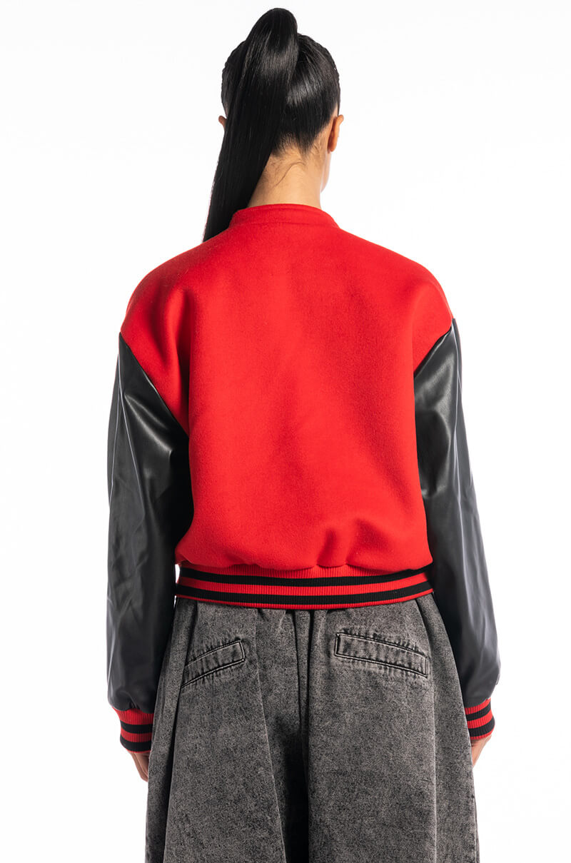 RIDER OF THE NIGHT OFF SHOULDER VARSITY BOMBER