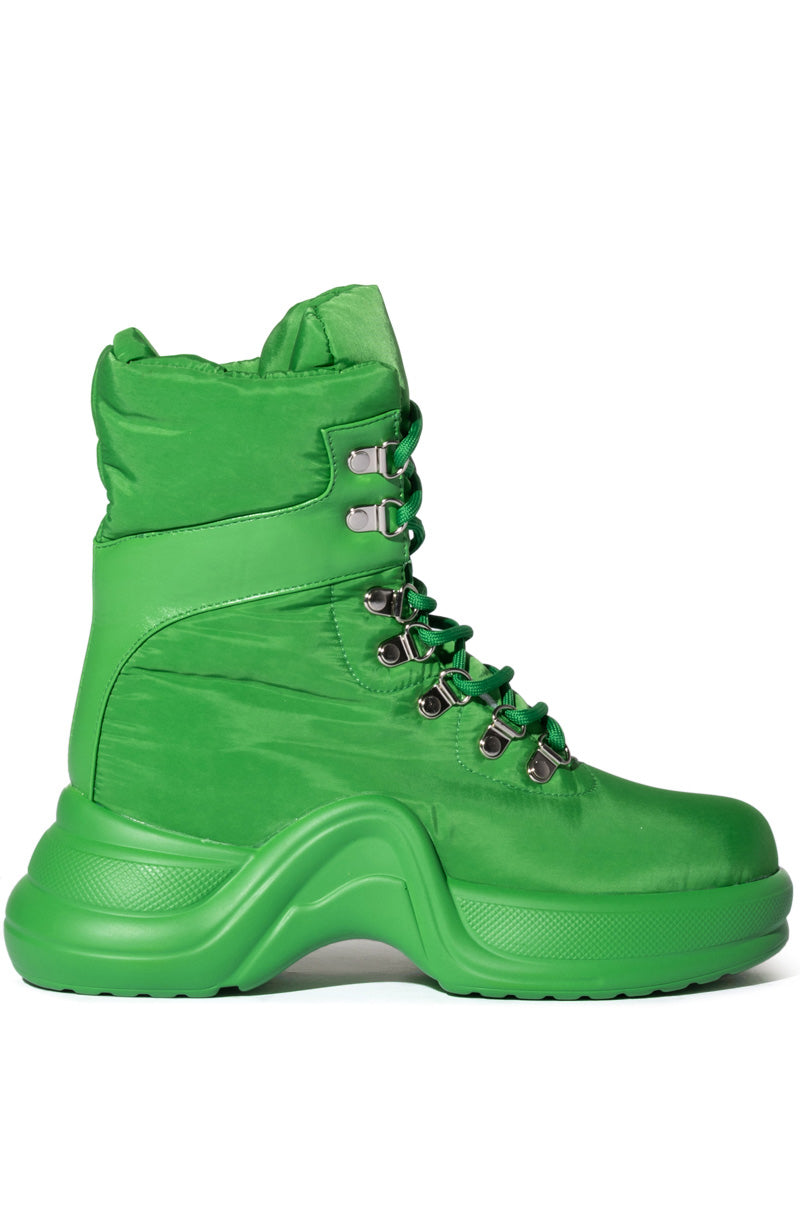 AZALEA WANG SKYLAR EDGY LACE UP BOOTIE IN GREEN