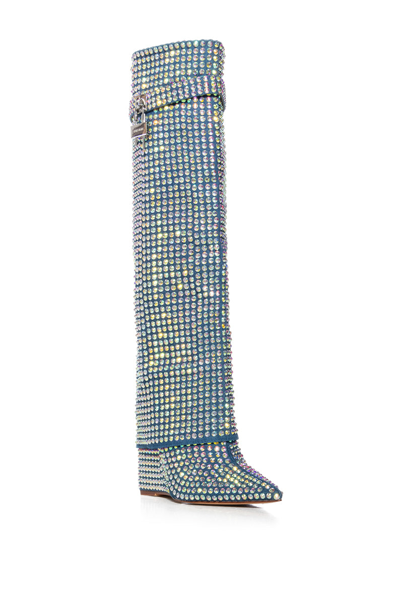 AZALEA WANG SMOOTH CRIMINAL DENIM DIAMOND COVERED WEDGE BOOT