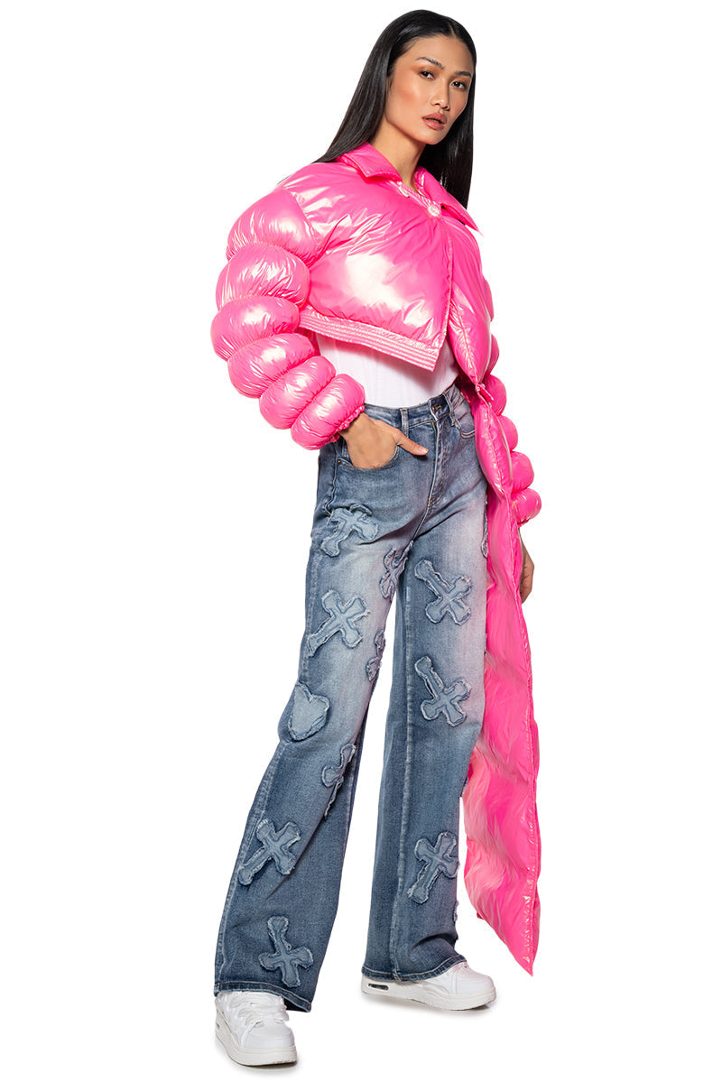 BACK AT IT PINK PUFFER WITH ZIP OF SCARF