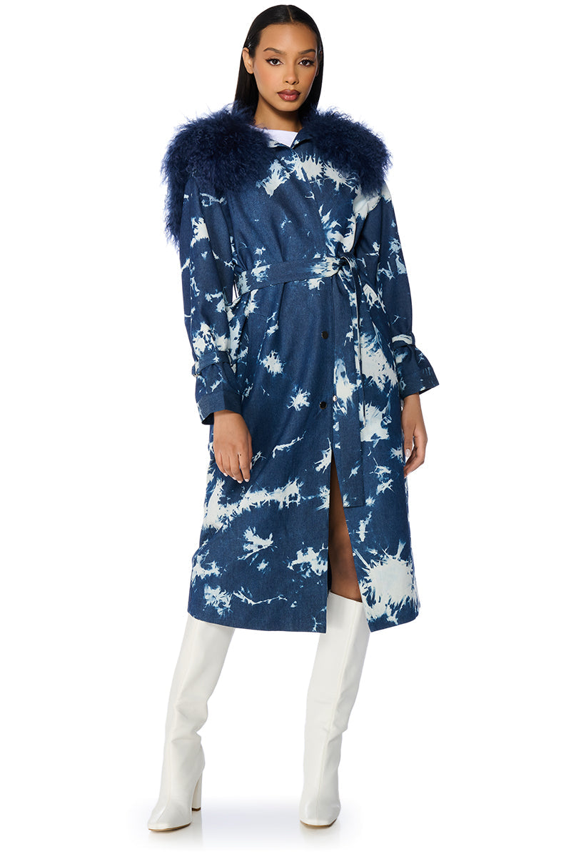 BALAGIO TIE DYE TRENCH WITH MOHAIR COLLAR