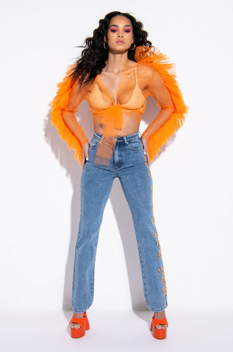 BASEL RUFFLE SLEEVE TIE FRONT TULLE BLOUSE