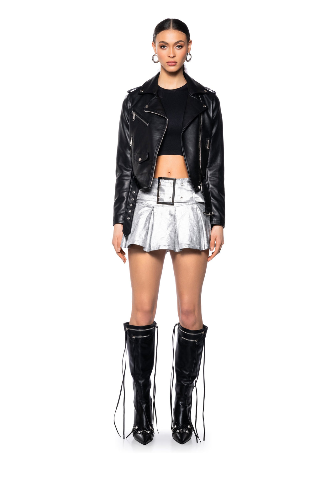 BELTED MICRO METALLIC MINI SKIRT