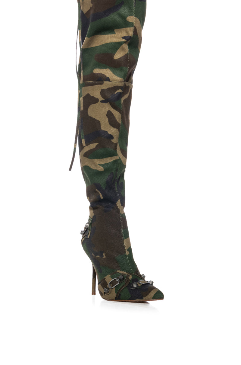 BEXIE CAMO THIGH HIGH STILETTO BOOT