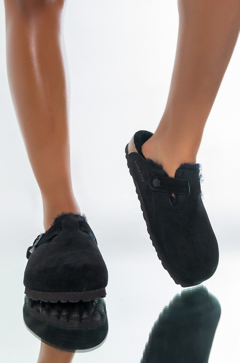 BIRKENSTOCK BOSTON SHEARLING SANDAL IN BLACK