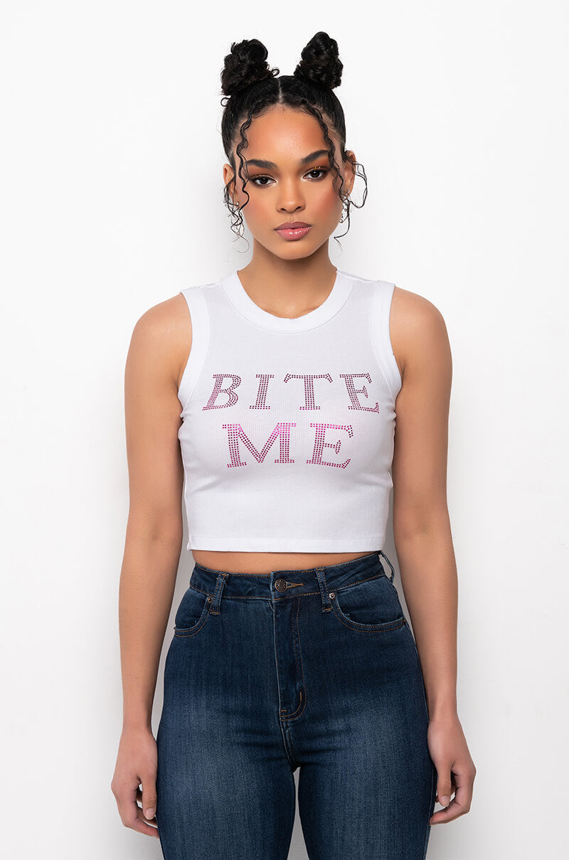 BITE ME RHINESTONE RIBBED TANK