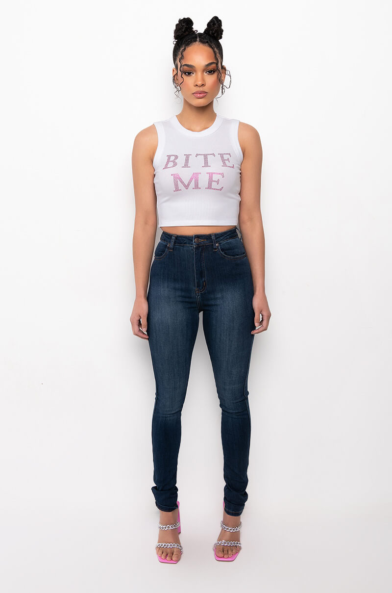 BITE ME RHINESTONE RIBBED TANK