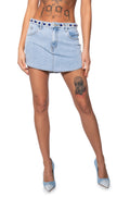 BLINGED OUT DENIM RAW HEM MINI SKIRT