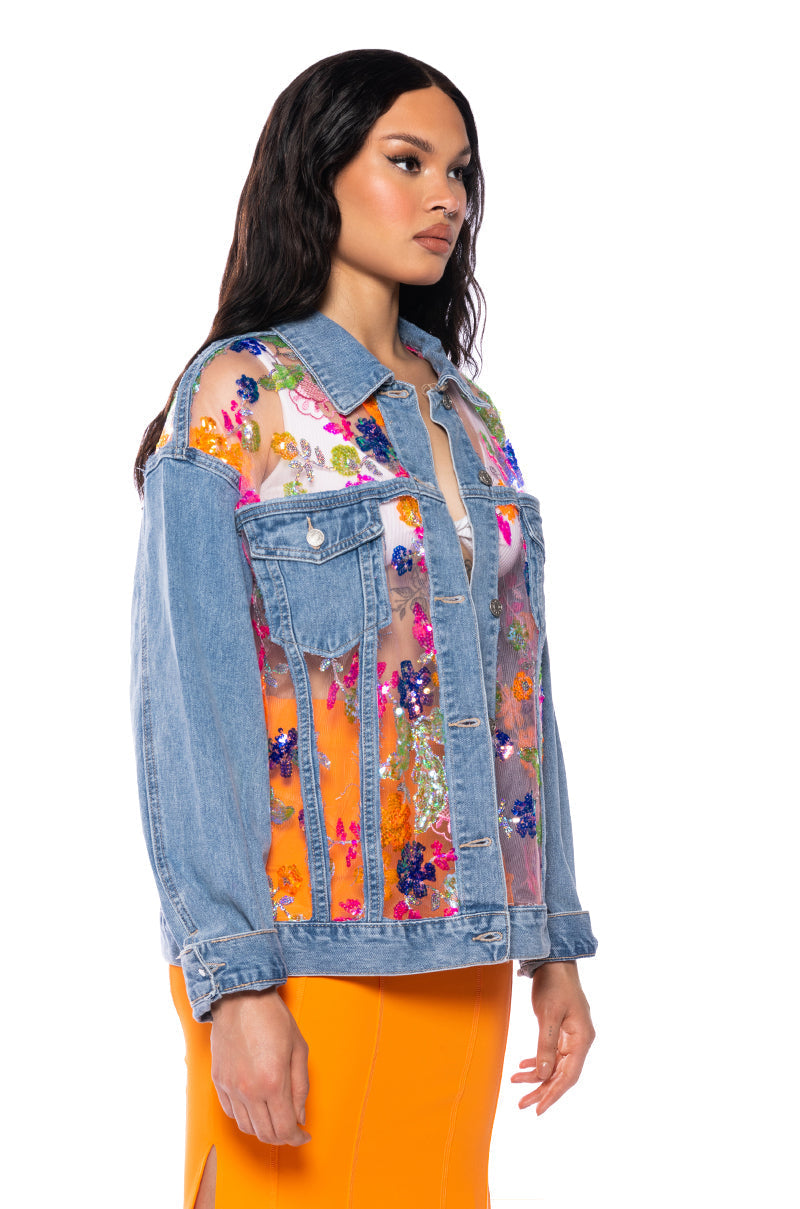 MERCER FLORAL SHEER DENIM JACKET