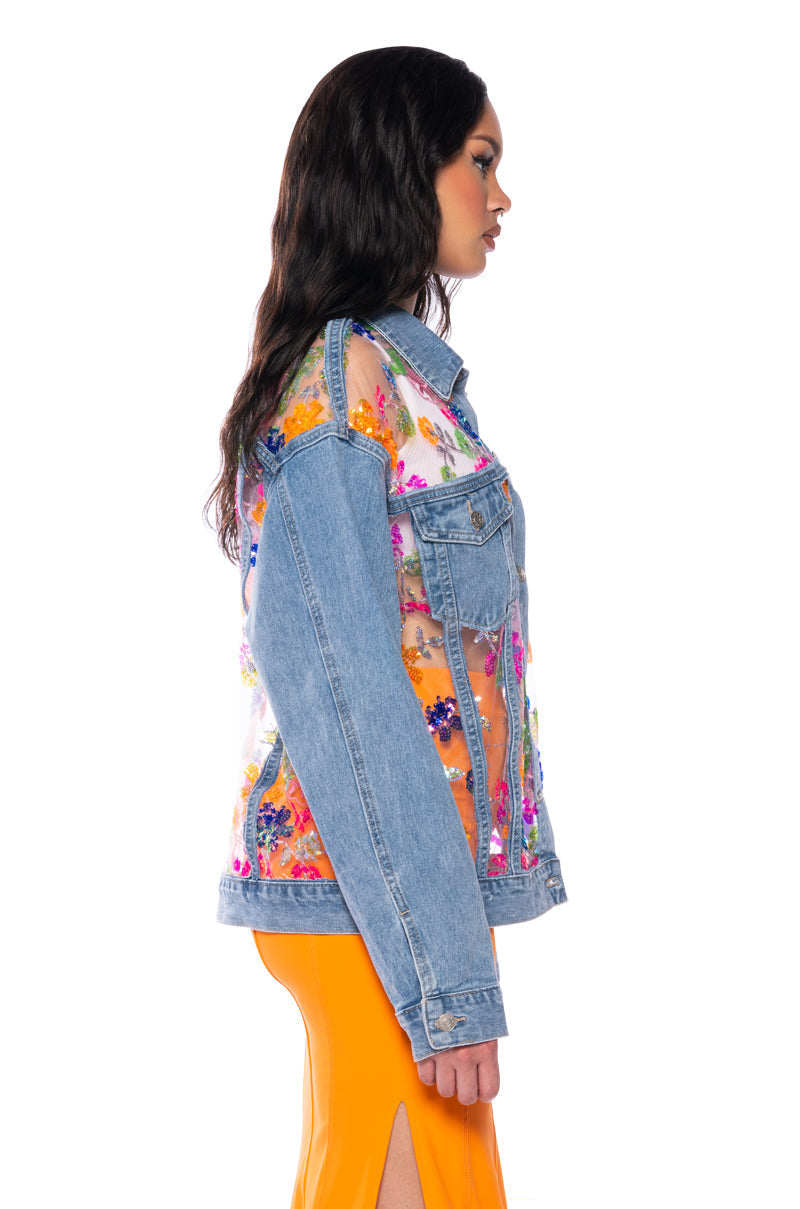 MERCER FLORAL SHEER DENIM JACKET